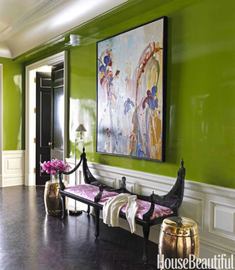 We always encourage boldness in design! You could paint your entire space like this entryway featured on House Beautiful. The white trim and black floor and doors help to tone it down. We love the glossy paint choice as well!