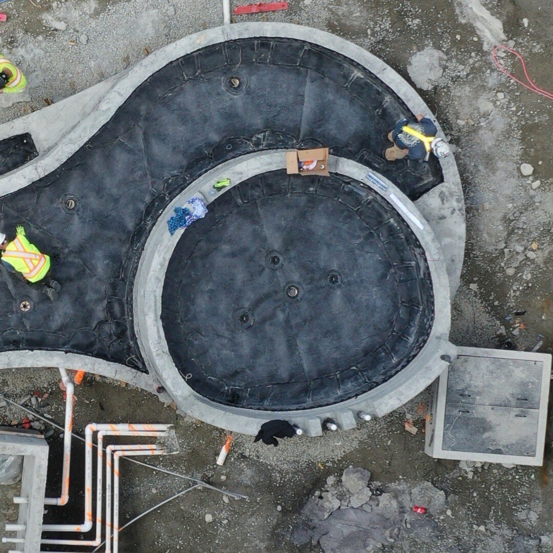 Starting the New Year off with a high-flying view of the three-tier feature in progress for the Forester residences by Townline in Coquitlam. When completed, water will flow through wall-mounted spouts into the upper pool and down waterfalls into the