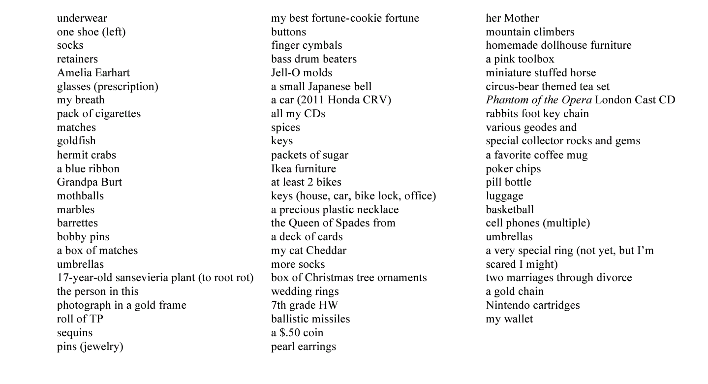 Excerpt from Katie Young's list of lost (and sometimes rediscovered) objects that pop up throughout The Girl Detective
