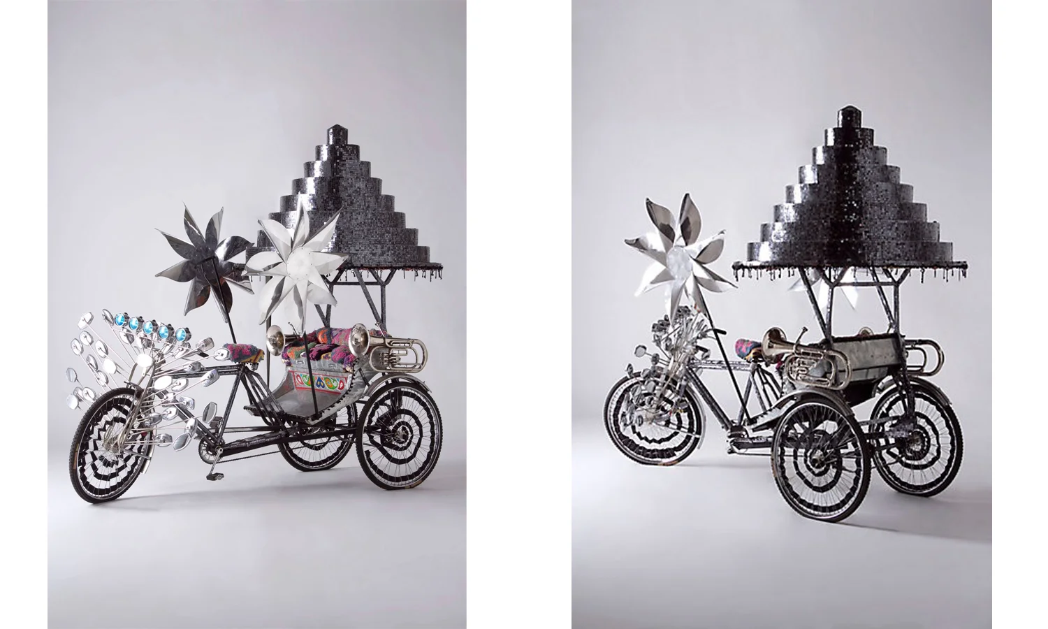 The one-of-a-kind Rickshaw- known as the Rick James- was created almost entirely out of pieces of mosaic mirror, and had two giant working pinwheels as well as a ‘bees nest’ roof top covering. It sold for $10,000. 