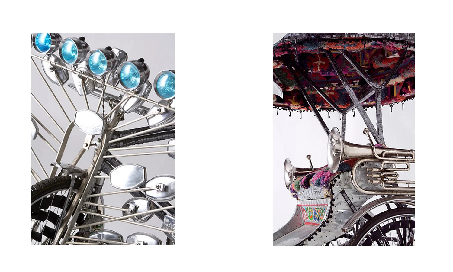 The one-of-a-kind Rickshaw- known as the Rick James- was created almost entirely out of pieces of mosaic mirror, and had two giant working pinwheels as well as a ‘bees nest’ roof top covering. It sold for $10,000. 
