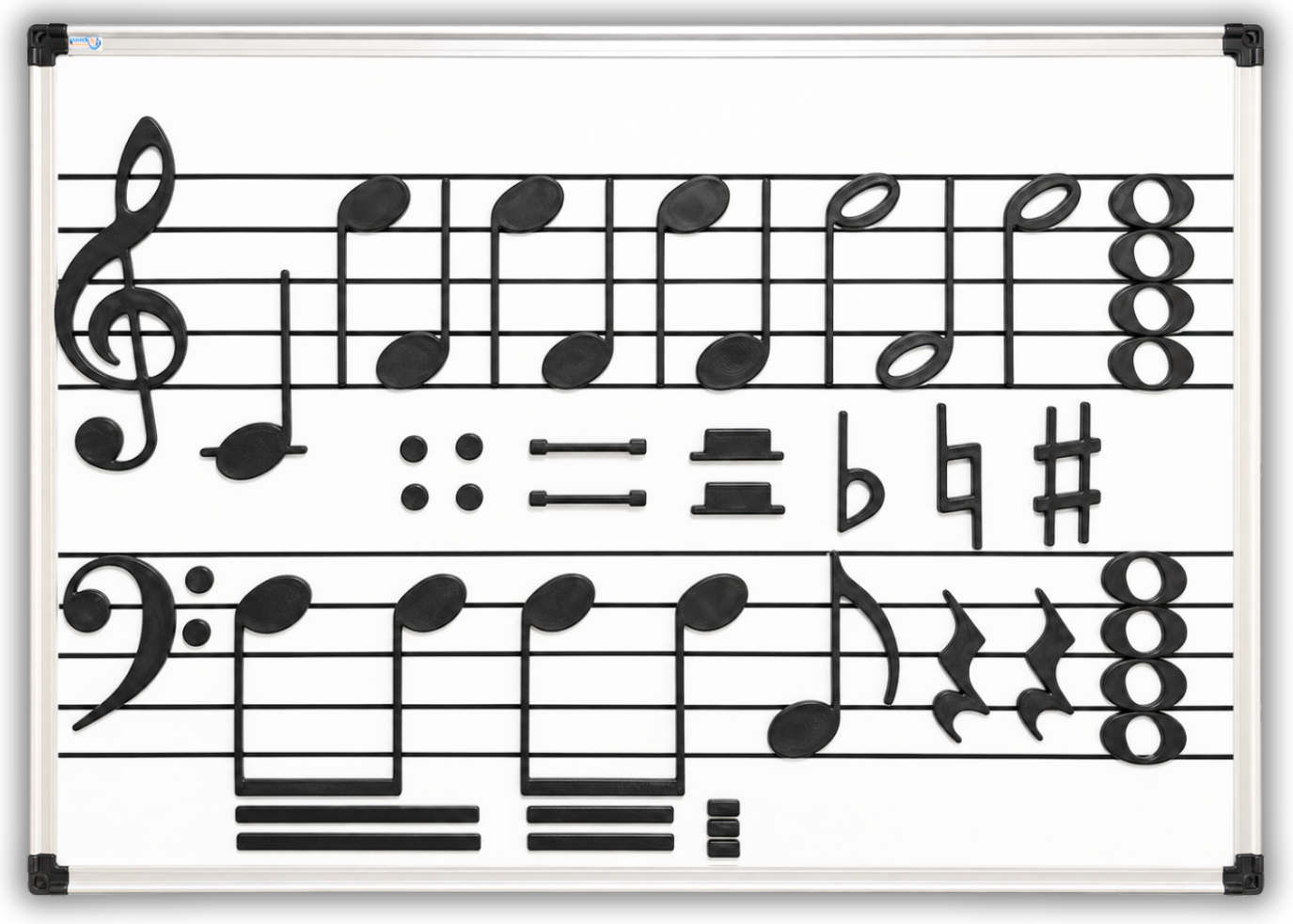 Sound Shapes Notation Foundations set on an 18x24 staff board, with magnetic notes, rests and accidentals placed on treble and bass staves