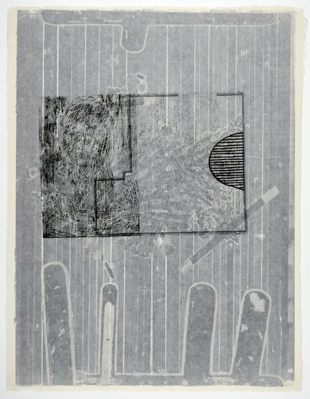 Gebäudeplan IV 25" x 19” offest relief, litho, monotype, screen and chine colle Collection of the Artist Printmaker / Photographer Research Collection – Art Division of the Museum of Texas Tech University