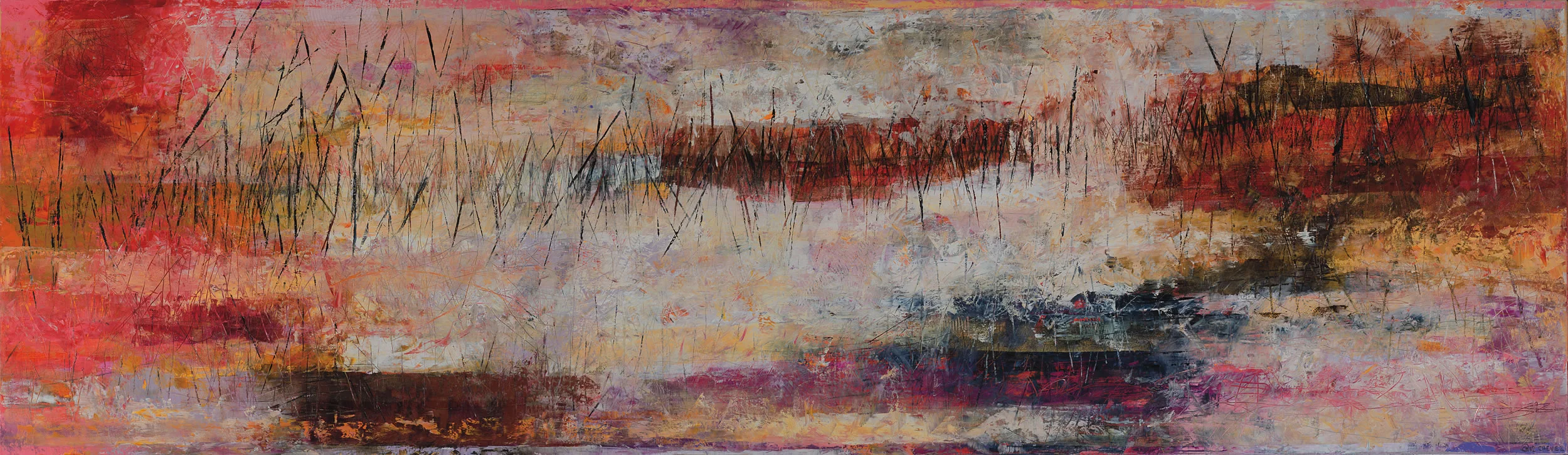 Suena una orquídea se perfuman las alas las mariposas. Óleo sobre lino, 100 x 350 cm, 2012