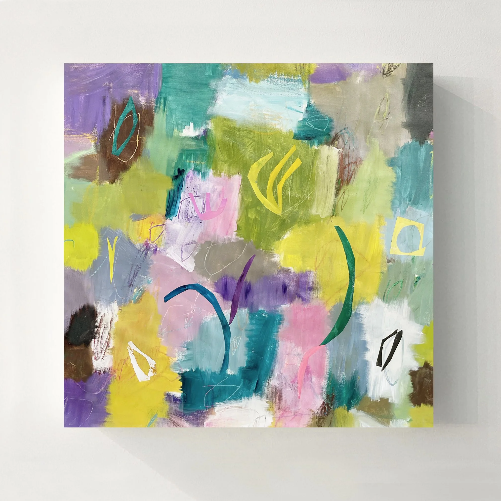  POND #9  2025  30 × 32 inches  76.2 × 81.28 cm  Acrylic, Oil stick, collage on canvas  . 