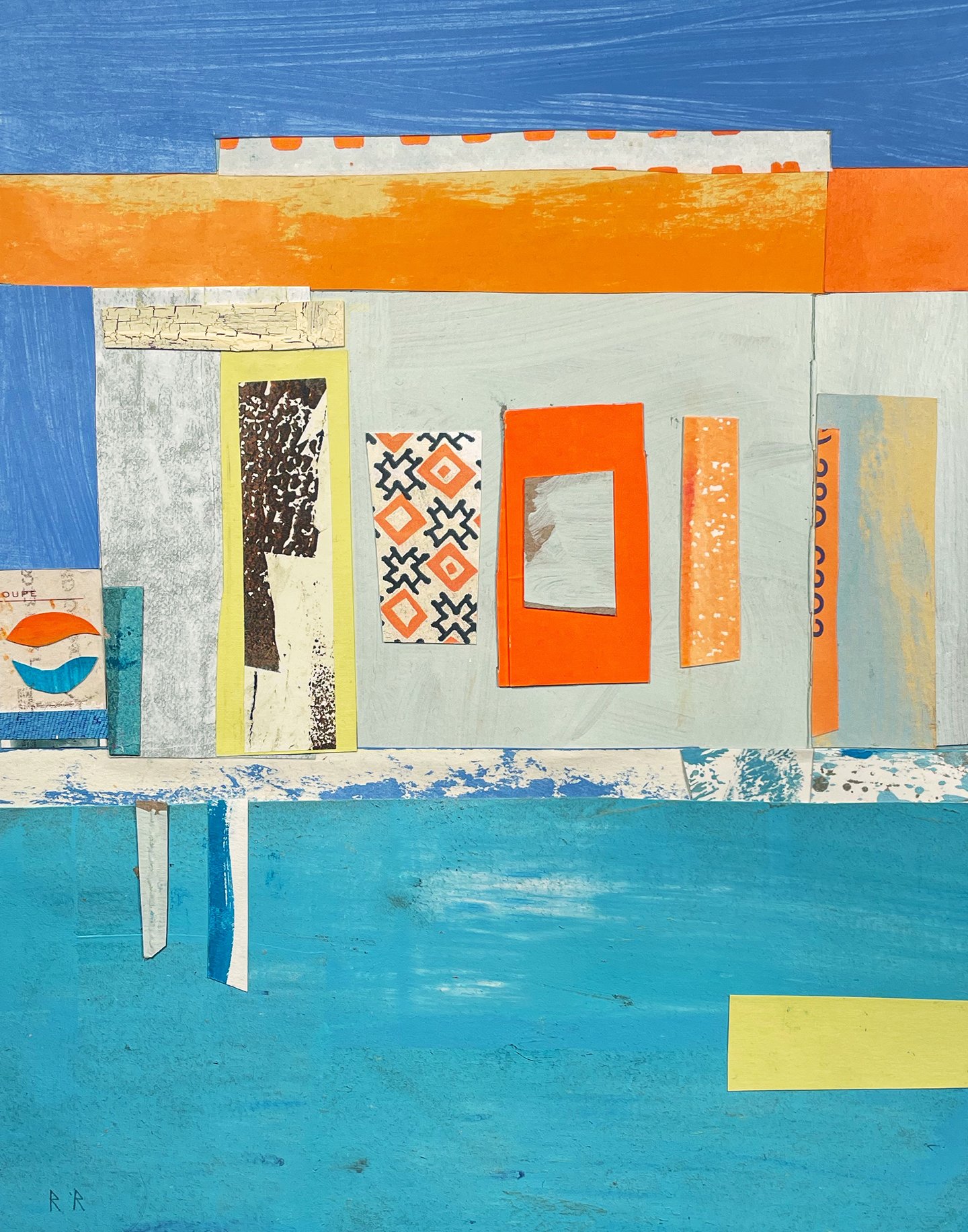  MIAMI LAKES POOL  9 × 11  in  Acrylic, gouache, painted papers, collage on rives  .   