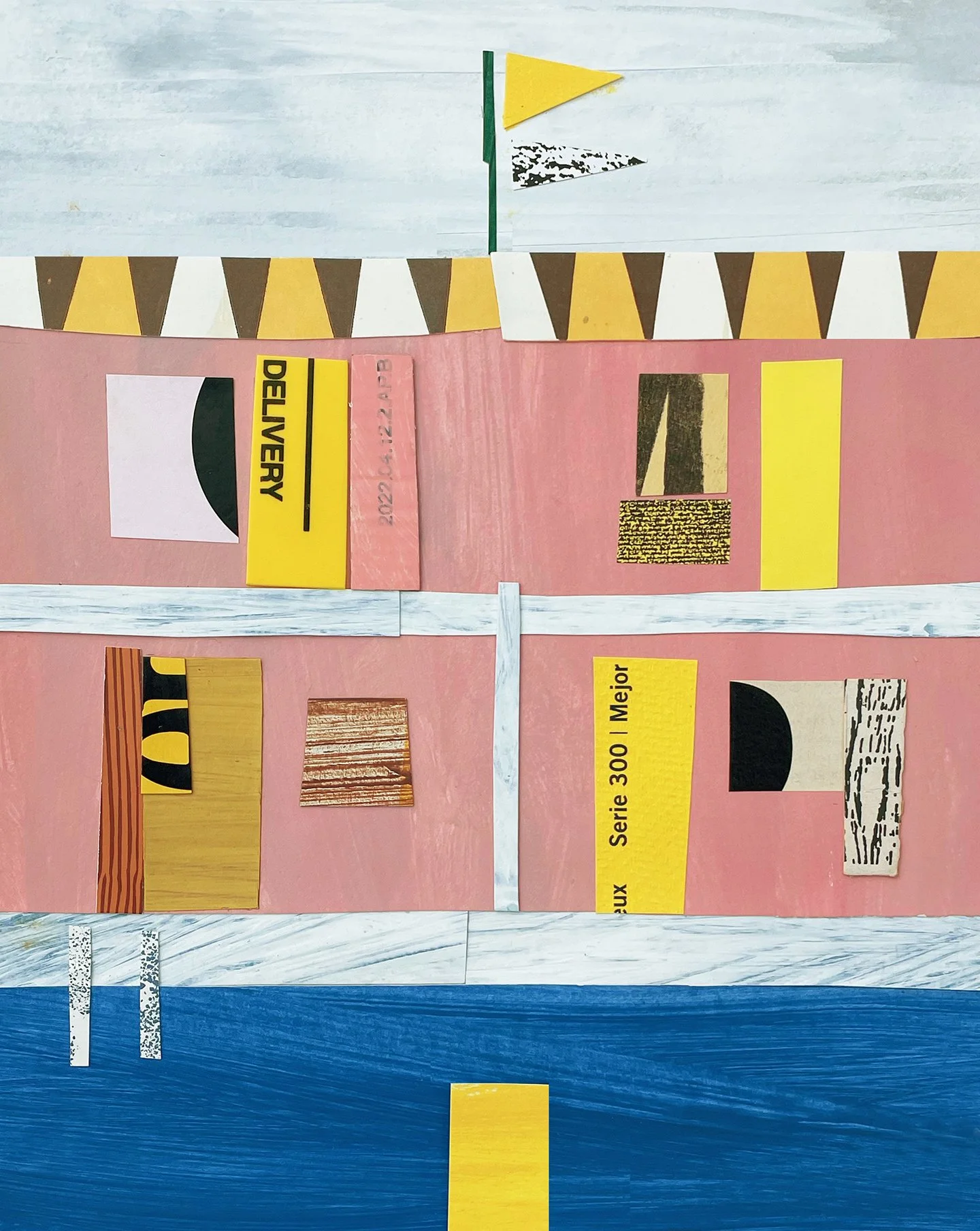  PINK MOTEL  12 × 9  in  Acrylic, gouache, painted papers, collage on rives  .   