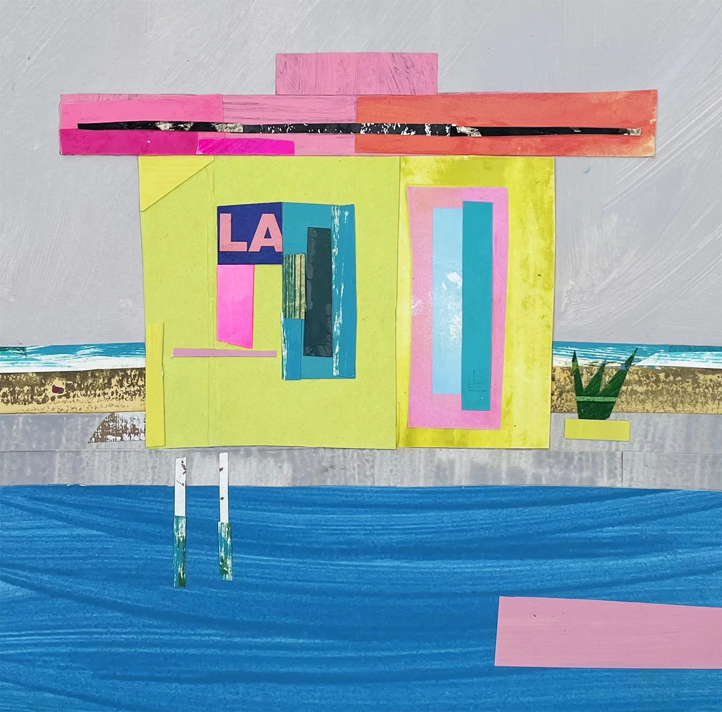  LA POOL  9 × 9 in  22.86 x 22.86 cm  Acrylic, gouache, painted papers, collage on paper  . 