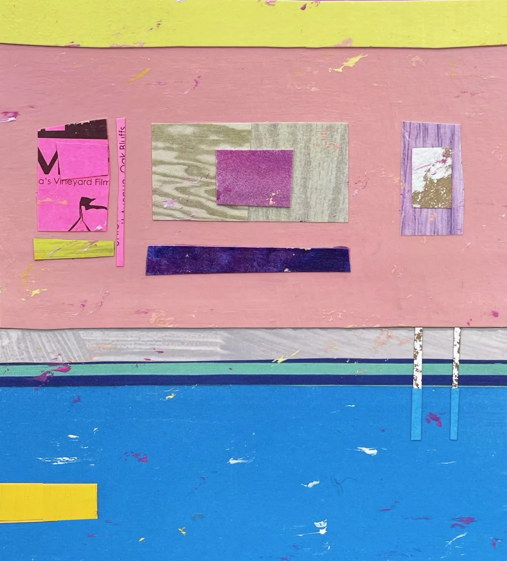  PINK POOL HOUSE   9 × 9 in  22.86 x 22.86 cm  Acrylic, gouache, painted papers, collage on wood panel  SOLD  Private Collection, San Francisco   . 