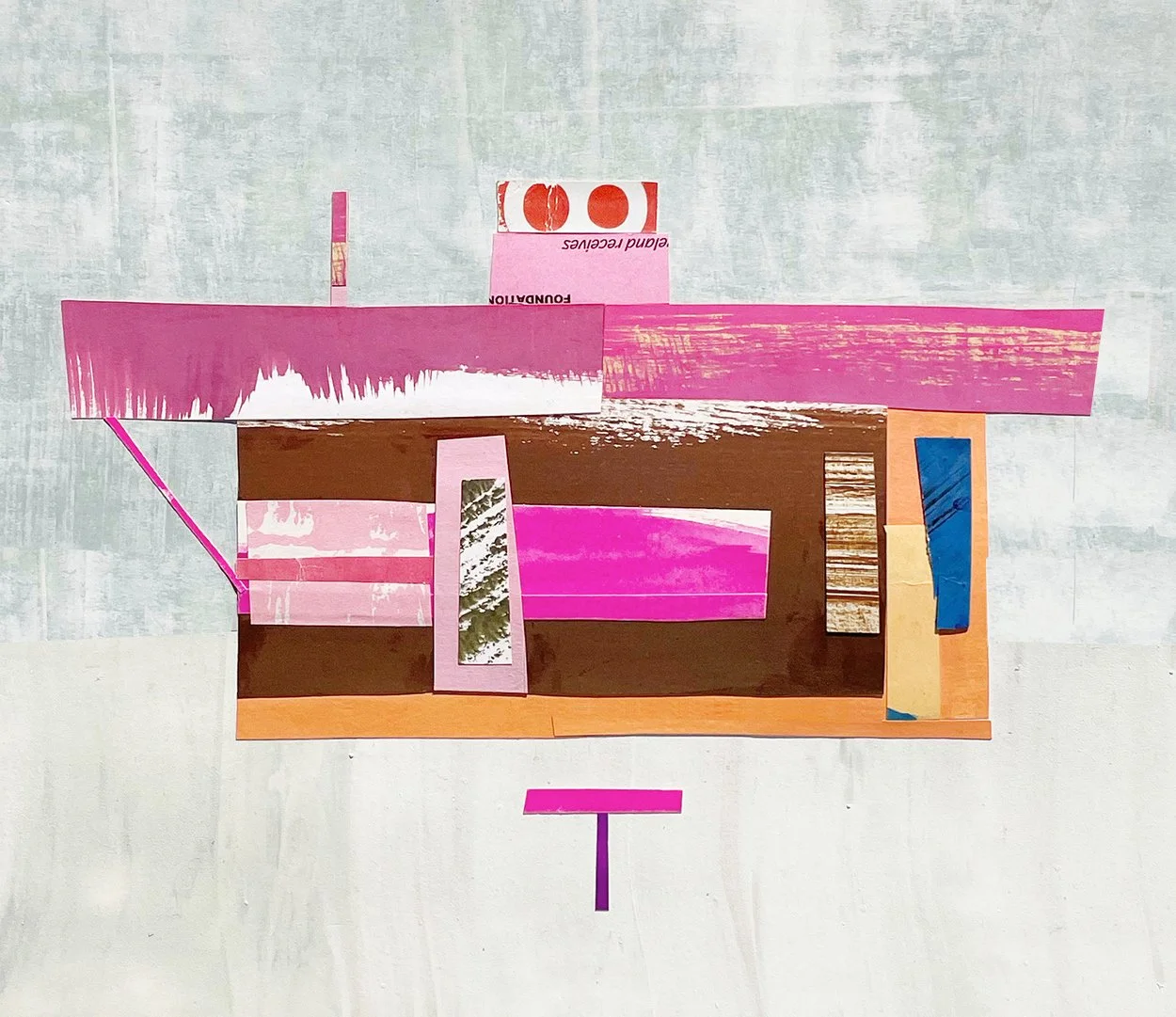  THE PINK FLOAT  2024  11 × 11 inches  Acrylic, oil, mixed media collage on paper  . 