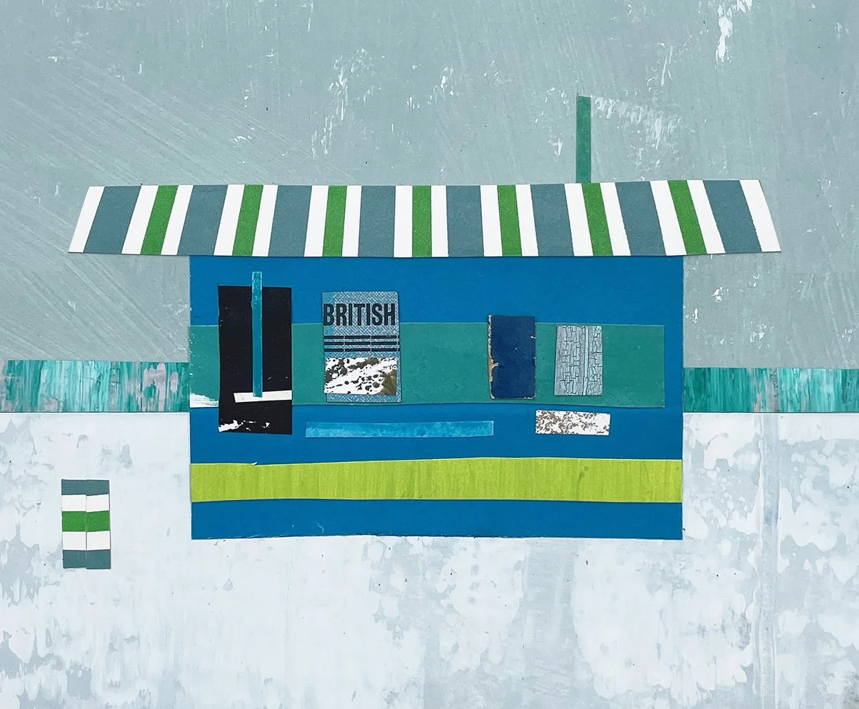  FISH &amp; CHIPS  2024  11 × 11 inches  Acrylic, oil, mixed media collage on paper  .   