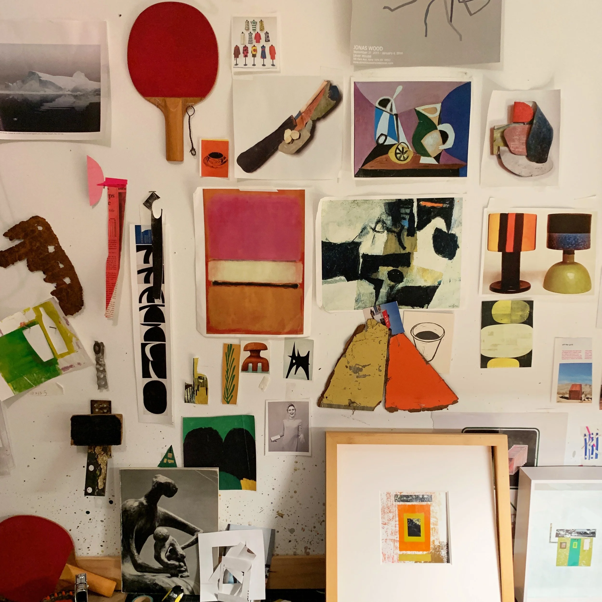  STUDIO VIBES, ping pong anyone? Found this racket in a Japanese set from 1955. It shares a wall with some found goodies from my street travels…gritty goodness. Mr. Rauschenburg would enjoy these little bits.   . 