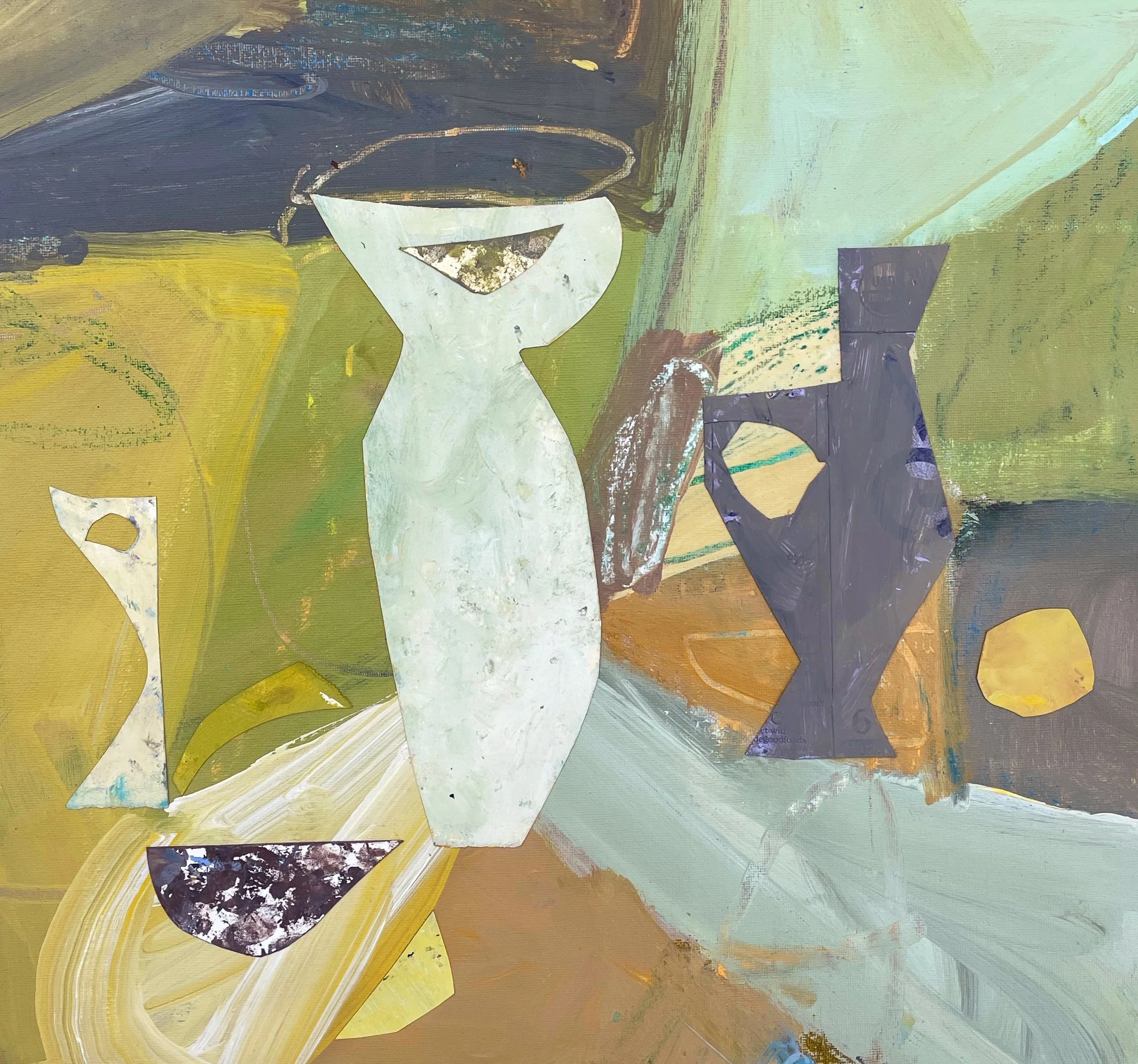  THYME &amp; HONEY, 2024  Acrylic, Oil stick, collage on canvas  18 × 18 in 24 ×24 in (framed)  . 