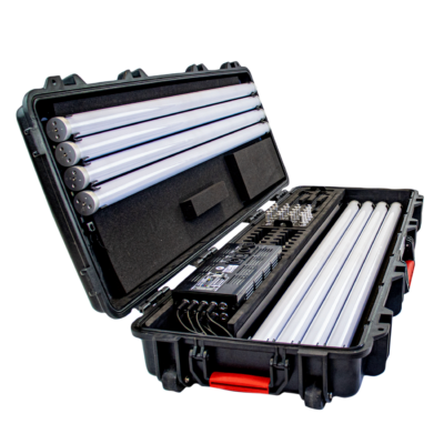 A black protective case open to reveal portable ultraviolet sterilization lights and electronic equipment inside.