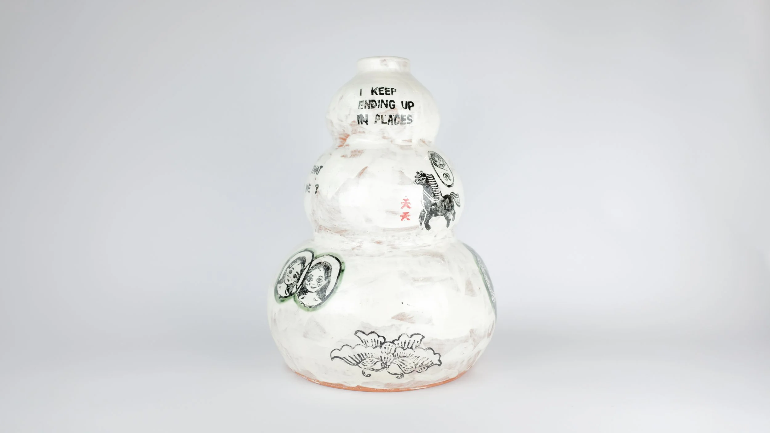 June 2 (I Keep Ending Up in Places), 2026, Block print underglaze, copper carbonate, on porcelain slip and terracotta, 9" x 9" x 12" 