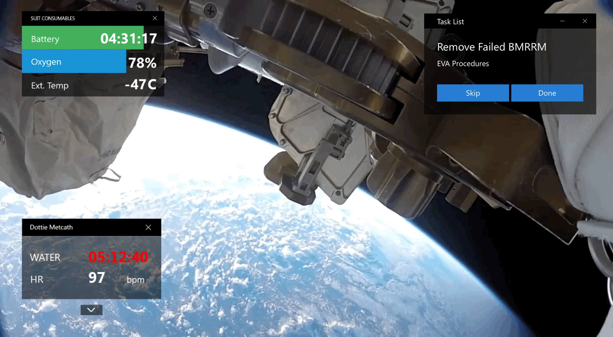 Our final Hololens augmented reality prototype included my task list feature, biometrics and spacesuit stats.