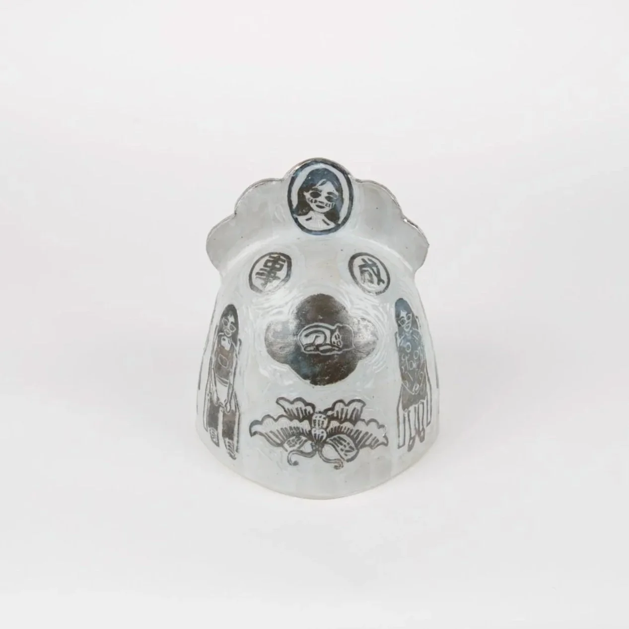 Wedding Bell, 2025, Block printed and carved ceramic bell, gas-fired with platinum luster, 8" x 7" x 7” (front)
