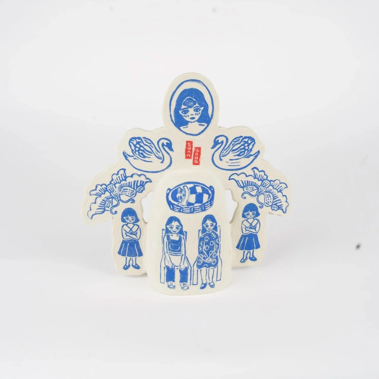 Swan Song Bell, 2025, Block printed and carved porcelain, 12" x 12" x 5"