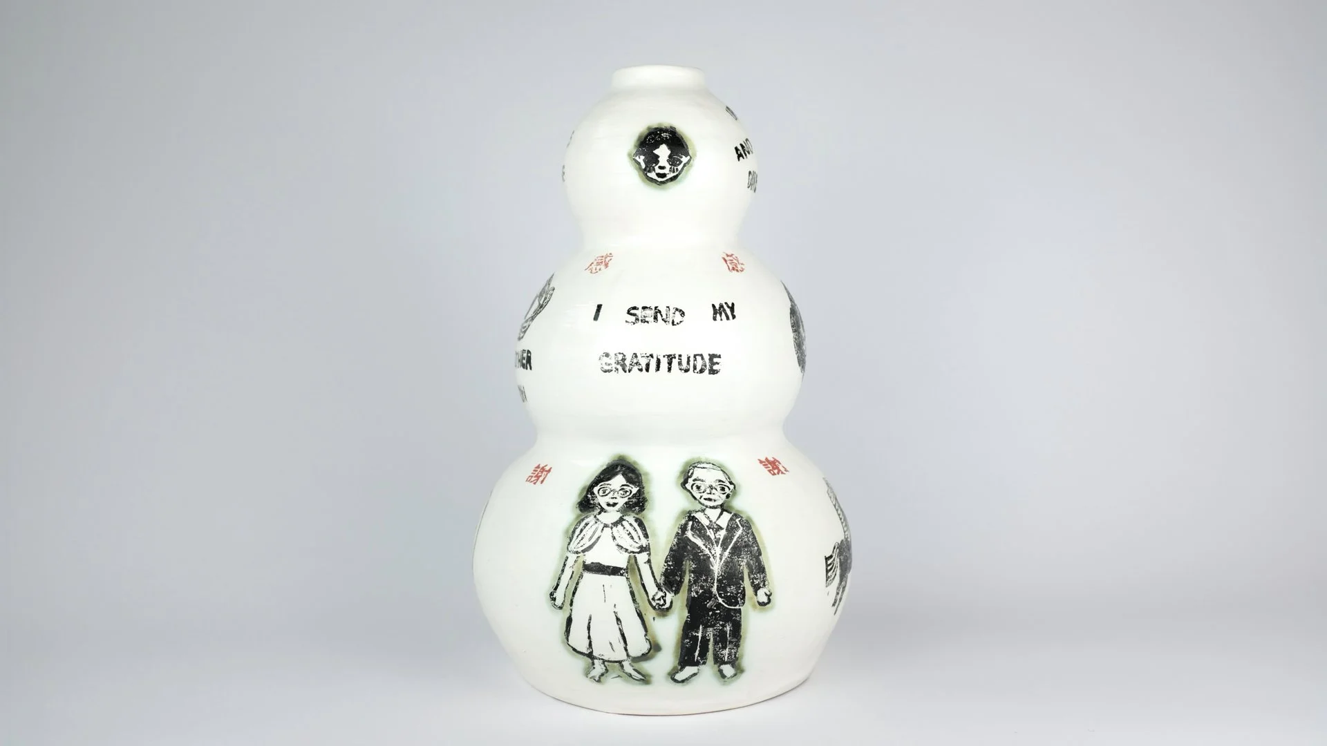 May 27 (I Send My Gratitude), 2026, Block print underglaze, copper carbonate, on porcelain slip and terracotta, 8" x 8" x 12"
