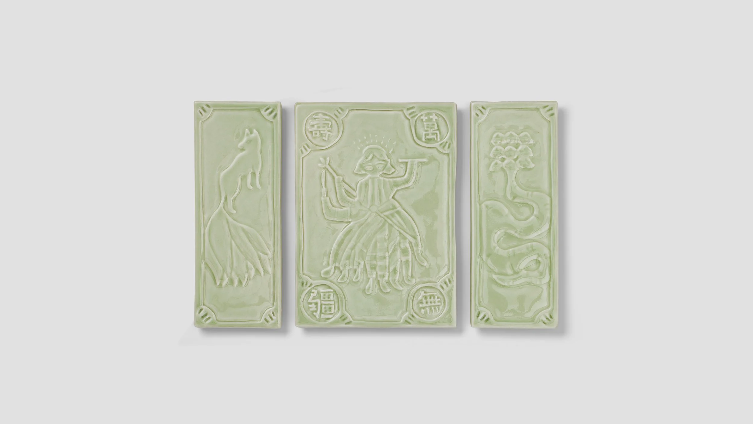 Myth I, 2023, Carved porcelain tile with celadon glaze, 20” x 18”