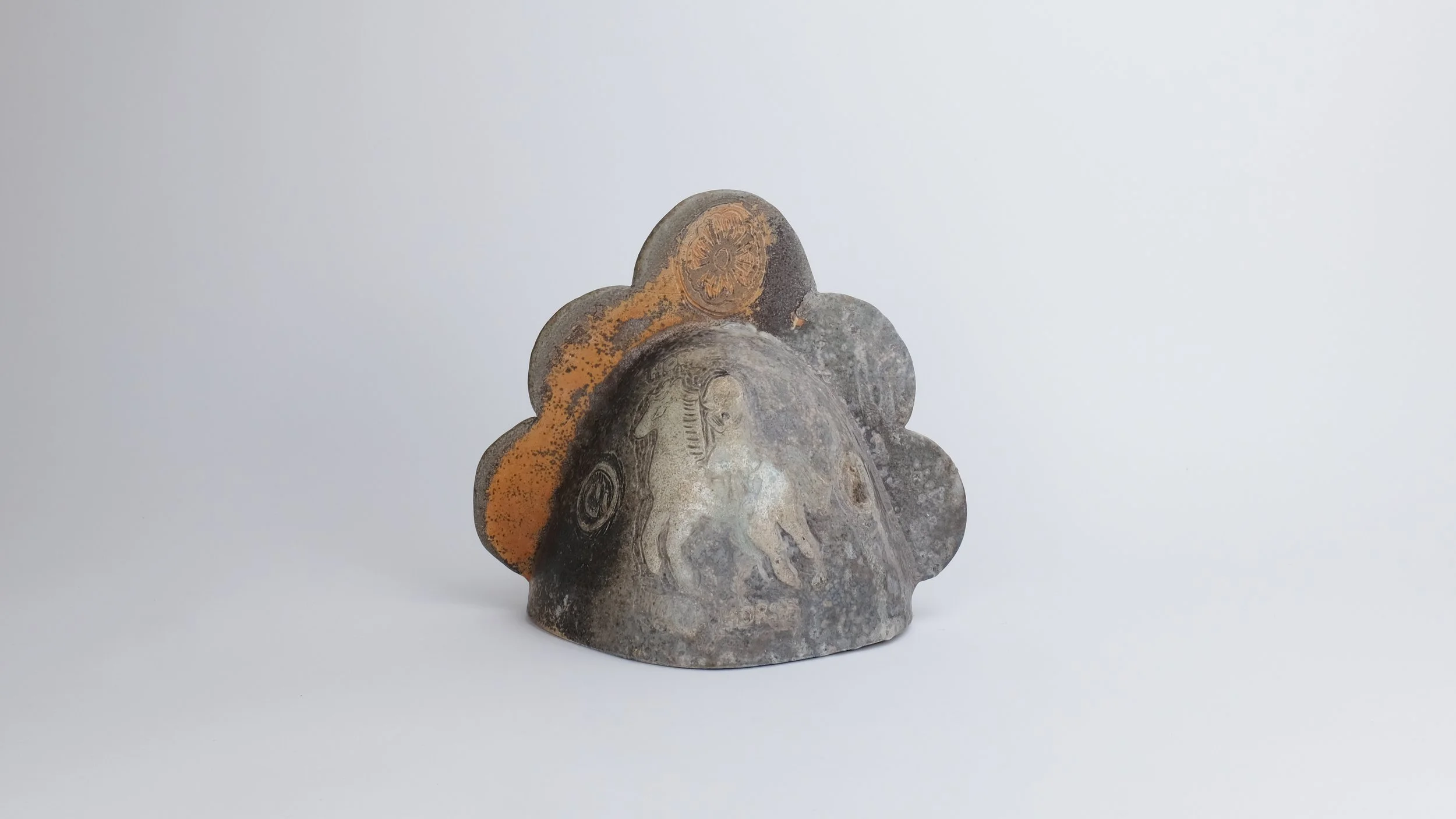 June 7 Bell (My Grandfather Said to Try and Live A Normal Life), 2025, 9” x 8” x 9”, Block print underglaze on wood-fired porcelain