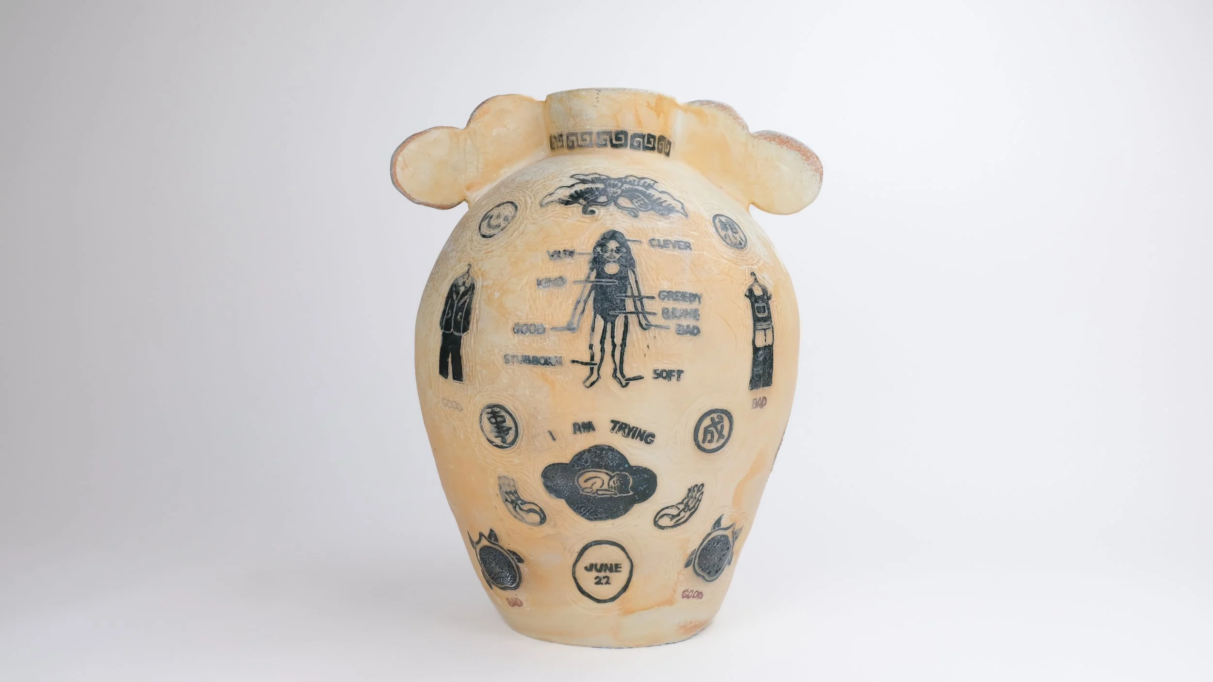 A Normal Life, 2025, Block print underglaze on wood-fired porcelain, 12” x 12” x 15”