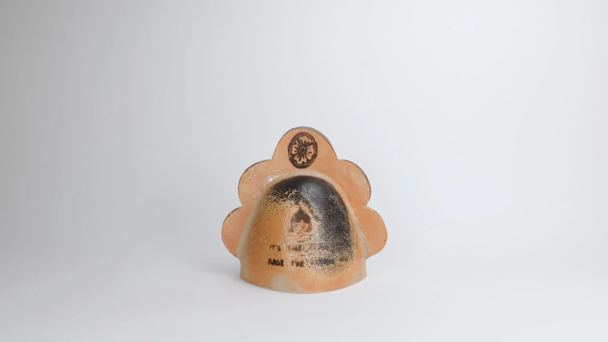June 4 Bell (Same Rage I've Always Had), 2025, Block print underglaze on wood-fired porcelain, 9” x 8” x 9”