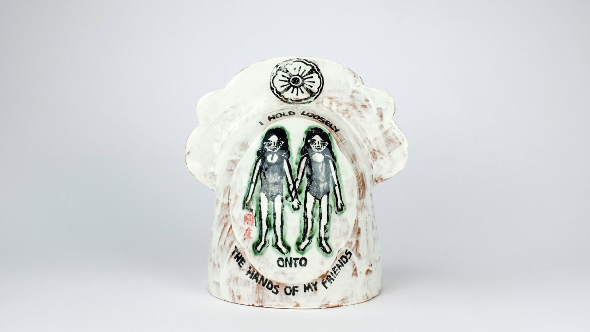 June 1 Bell (I Hold Loosely Onto the Hands of My Friends), 2026, Block print underglaze, copper carbonate, on porcelain slip and terracotta, 8” x 6” x 8"