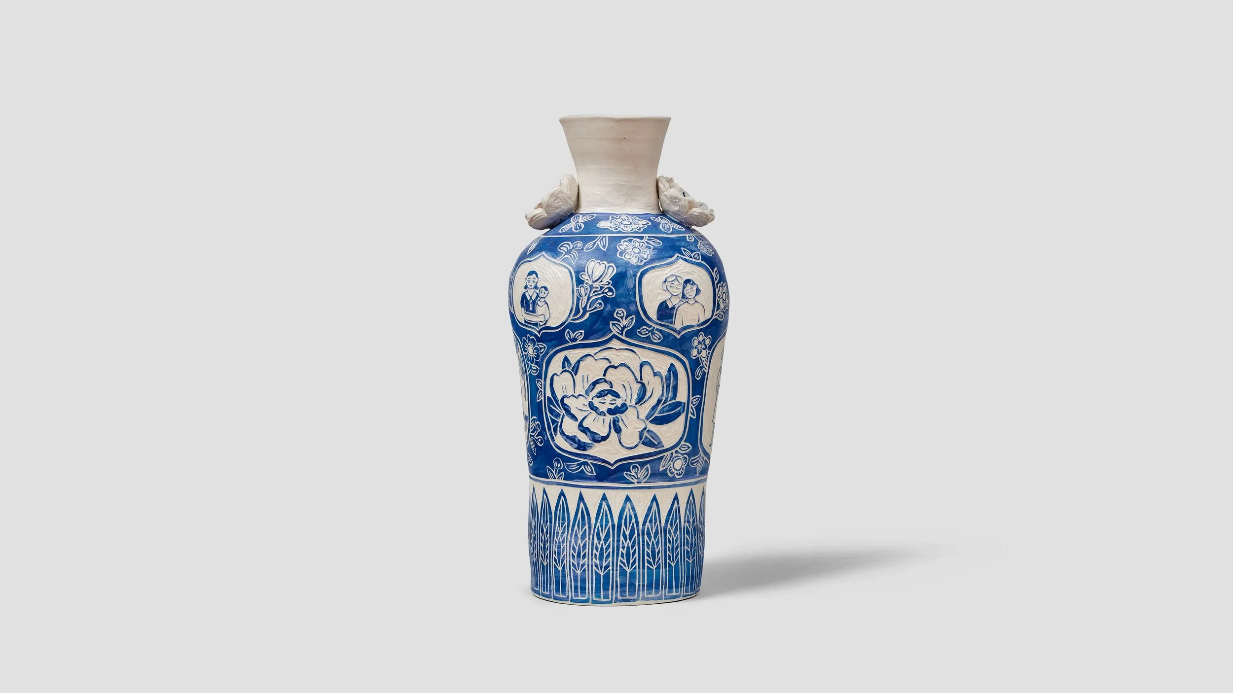 Matrilineal Vase, 2023, Porcelain with blue underglaze, 20” x 10” x 10”