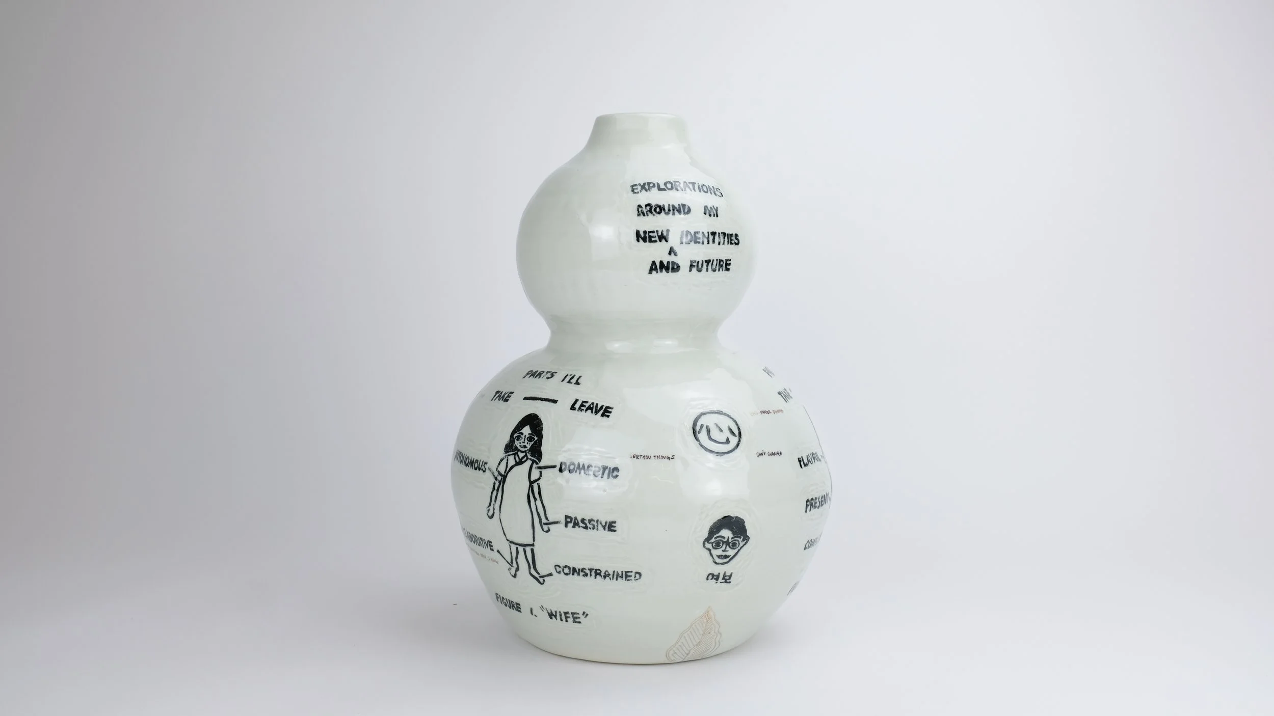 Three Diagrams, 2025, Block print underglaze on porcelain with celadon, electric-fired with gold luster and gold kintsugi words, 11” x 11” x 14”