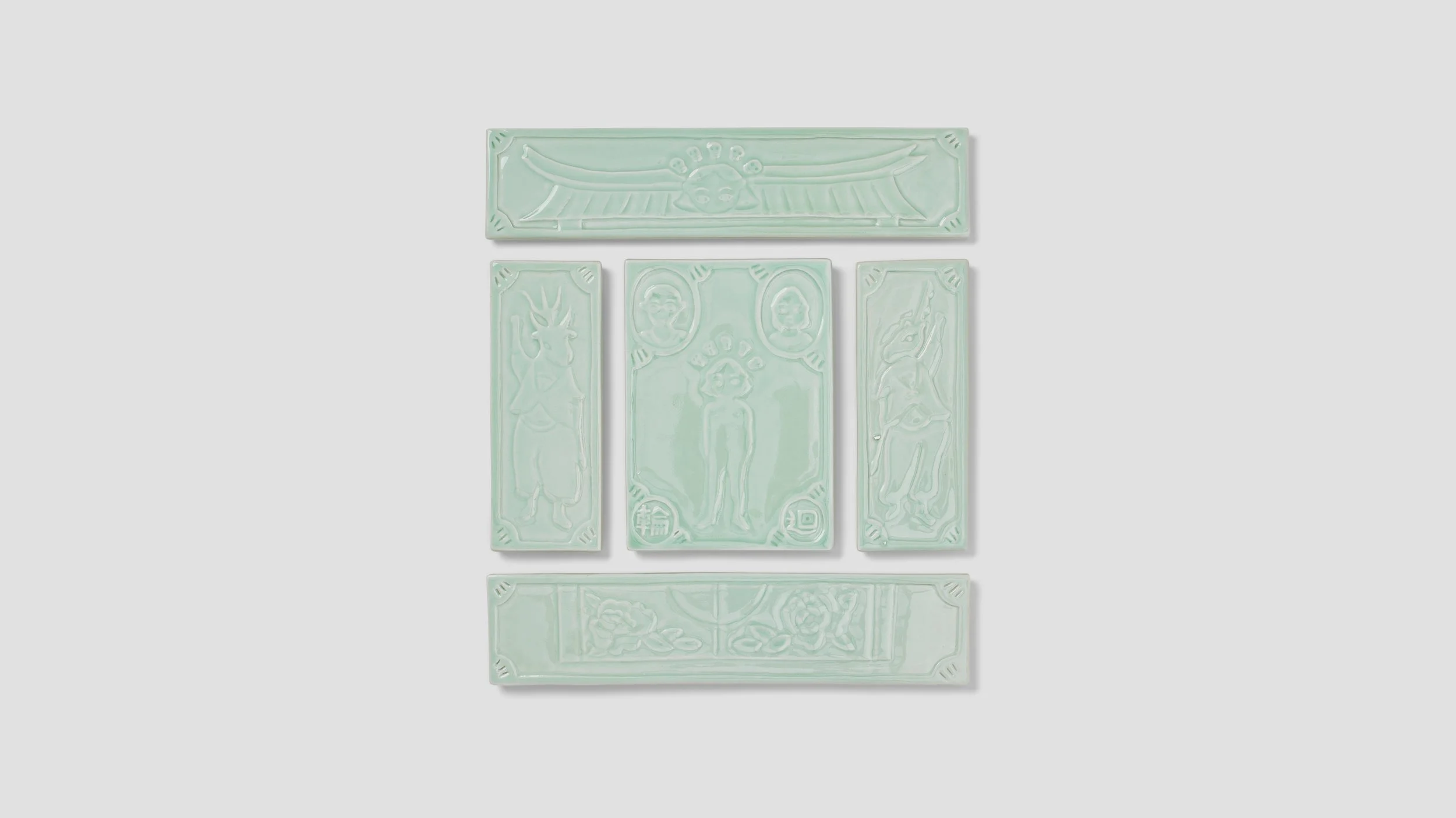 Rebirth, 2023, Carved porcelain tile with celadon glaze, 20” x 24”