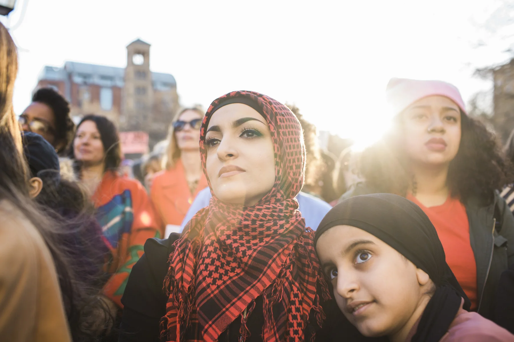 Huda Quhshi with her daughter Munaya, 12, at the Day Without a Woman Strike on March 8, 2017 in Washington Square Park, Manhattan, NY. Quhshi, a Yemeni American, brought her daughter along to show her that women stand together.
