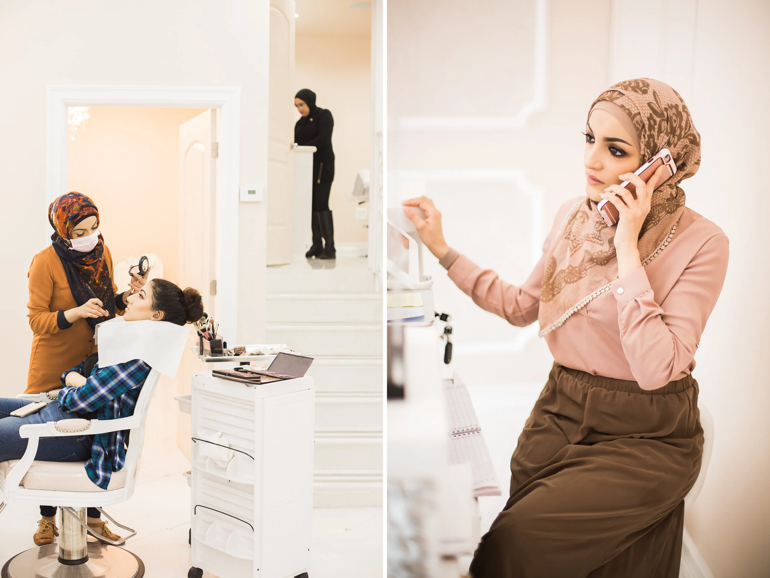 Left: Huda Quhshi doing makeup for a wedding party at her salon, Le'Jemalik in Bay Ridge, Brooklyn. Right: Huda Quhshi on the phone with a client at her salon, Le'Jemalik, in Bay Ridge, Brooklyn.
