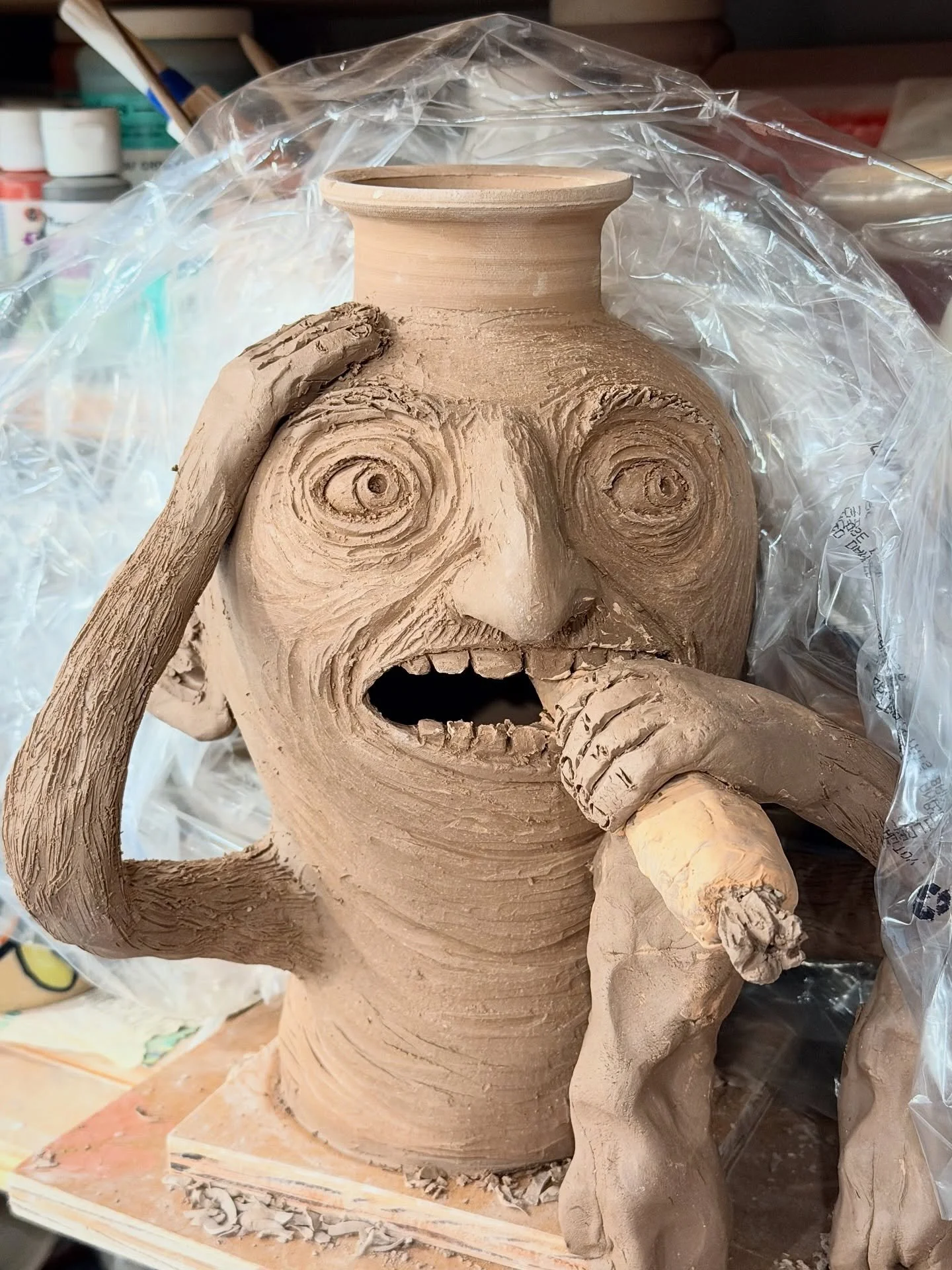 I don&rsquo;t have any new finished ones, but here&rsquo;s a lamp eating a carrot, a vase, another lamp, a lamp eating a cookie, and a fermentation crock in progress. I&rsquo;ll get back into making ones with words on them soon. Was taking a little b