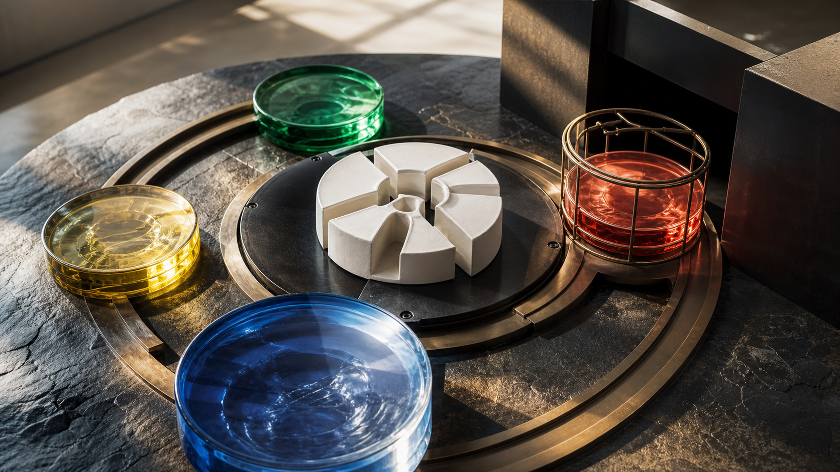 Cirkelvormige betaalarchitectuur met vier gekleurde glazen mijlpalen, een productassemblage en een titanium garantiecage