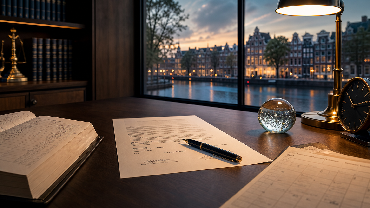 Juridisch-editoriale foto van contracten, facturen en een klok op een Nederlandse kantoortafel