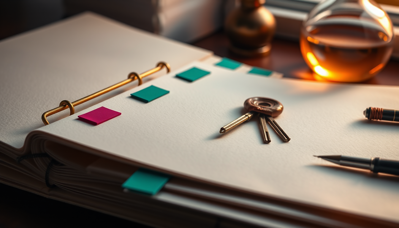 Premium juridische stillevenfoto met blanco contractmap, koperen bindringen, sleutel en opzegmarkeringen
