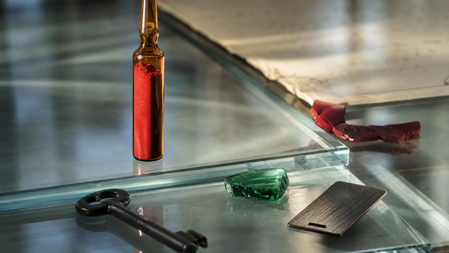 Premium macrobeeld van een verzegelde ampul met pigment, metalen sleutel, glazen toegangstoken en bewijszegel voor NDA's en bedrijfsgeheimen