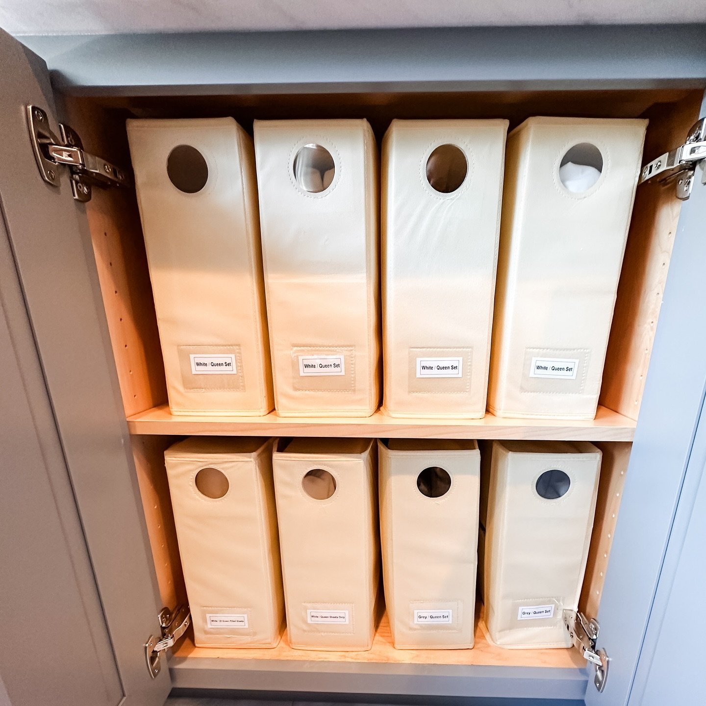 Product Alert: We&rsquo;re fans of these sheet storage boxes- No matter how perfectly (or imperfectly) you fold a sheet, these boxes help keep your #linen cabinet 👀 good! Check out this before and after from a recent client! Product link in story! ?