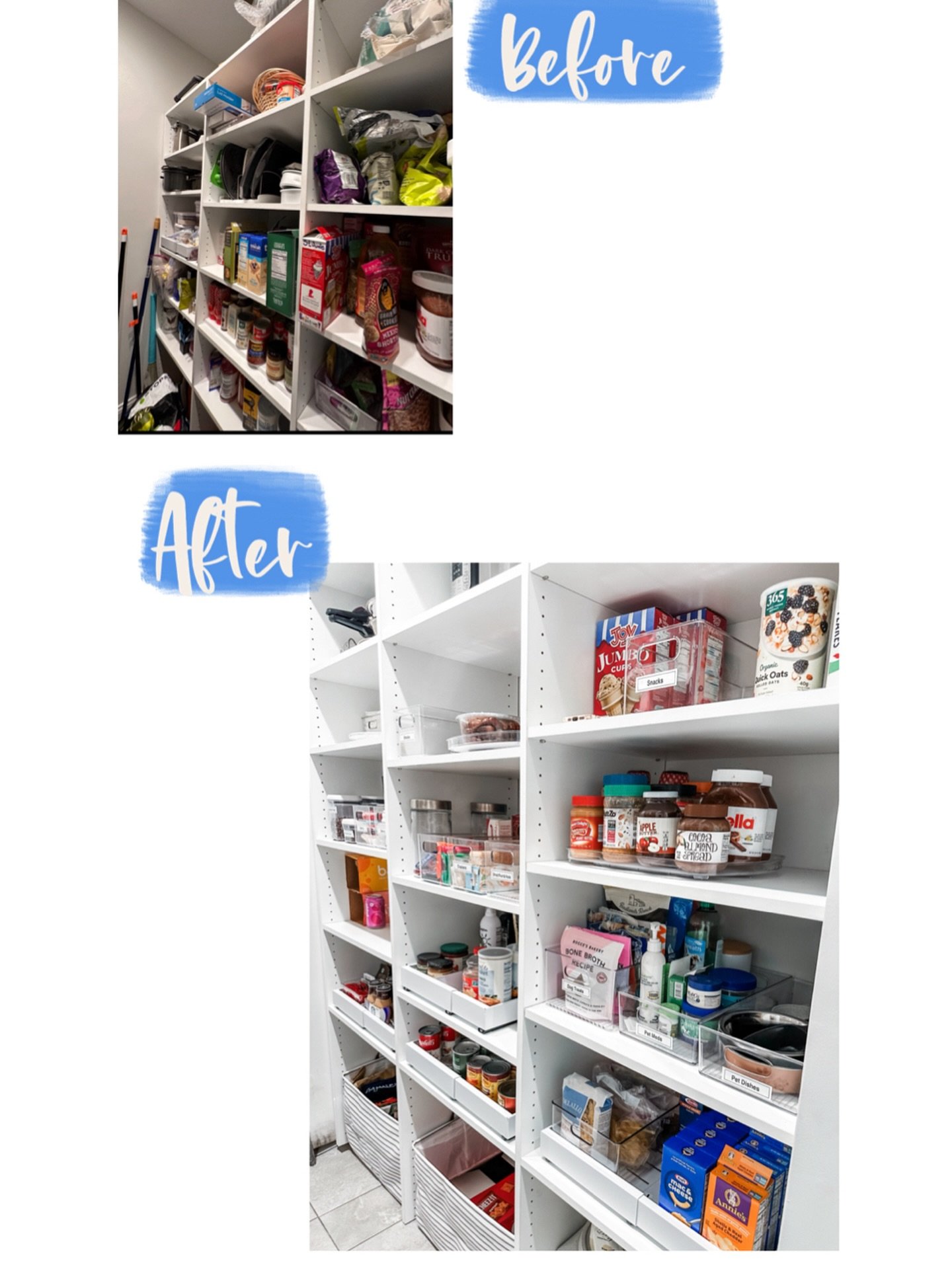 Before &amp; After on this #pantrymakeover. By using #organizational products, including store bought pull outs we were able to implement a system that maximizes space and provide access to the entire pantry shelf No more loosing food all the way in 