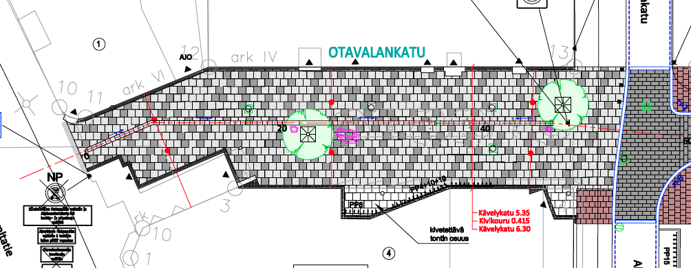 The finished street plan with the artwork drawn in pink.