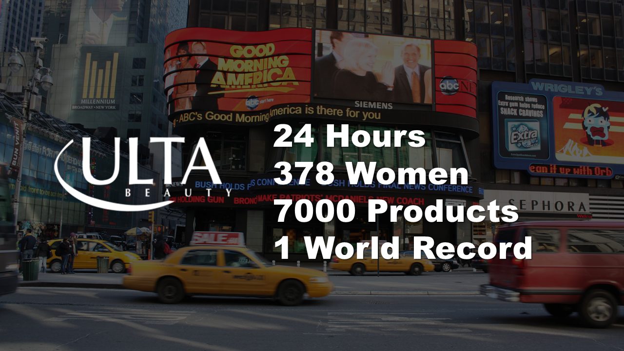 When Lucky magazine tapped ULTA Beauty as a partner to reach for a Guinness World Record on ABC’s Good Morning America for “Most Cosmetic Makeovers in 24 Hours,” Carrie led the event team at ULTA to pull together a seemingly impossible feat in 9 short days. The segment was to be included in a highly promoted “world record” themed week produced by the show.