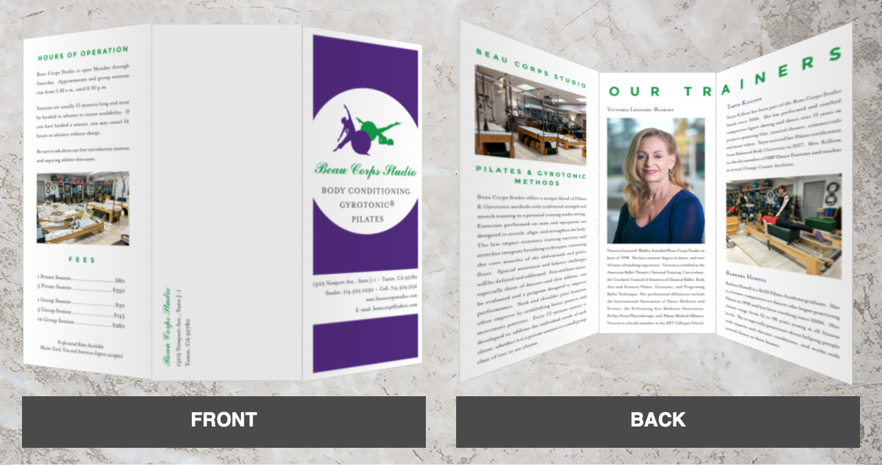 Trifold brochures printed on premium white glossy 100 lb text paper to help businesses provide more in-depth materials to potential clients.