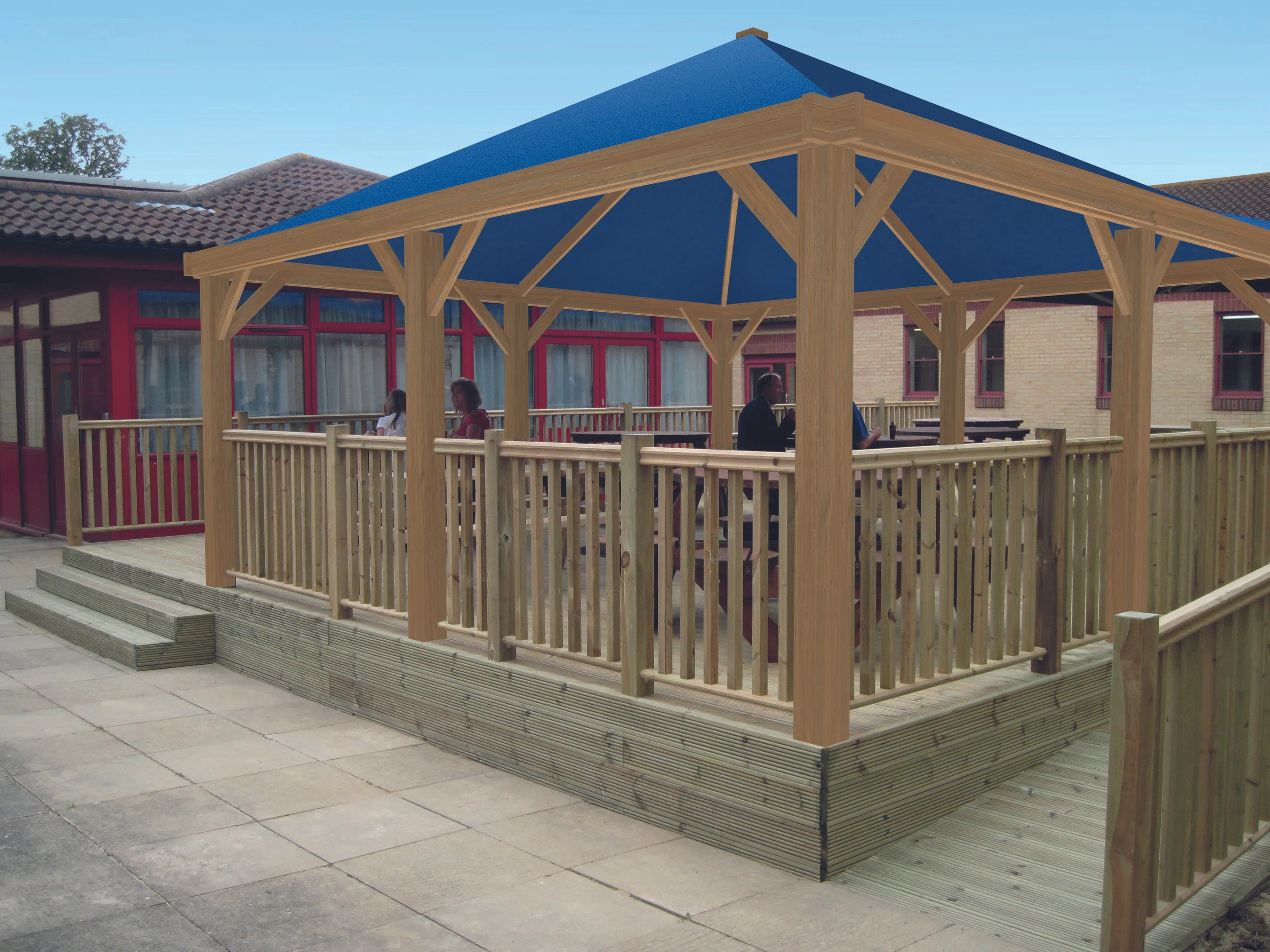 Decking with balustrade and steps