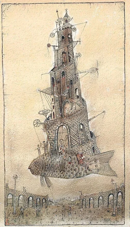 Fishtower Spiral - Original Mixed Media Painting by Vasily Kafanov