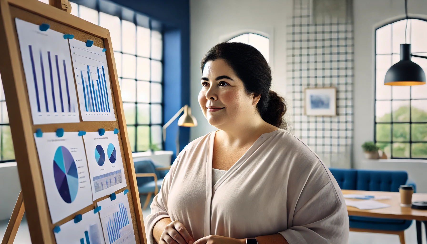 DALL·E 2024-07-09 11.23.35 - A close-up of an unattractive and overweight 40-year-old woman in a modern office setting, focusing on her looking at an easel with data printouts on  copy.png