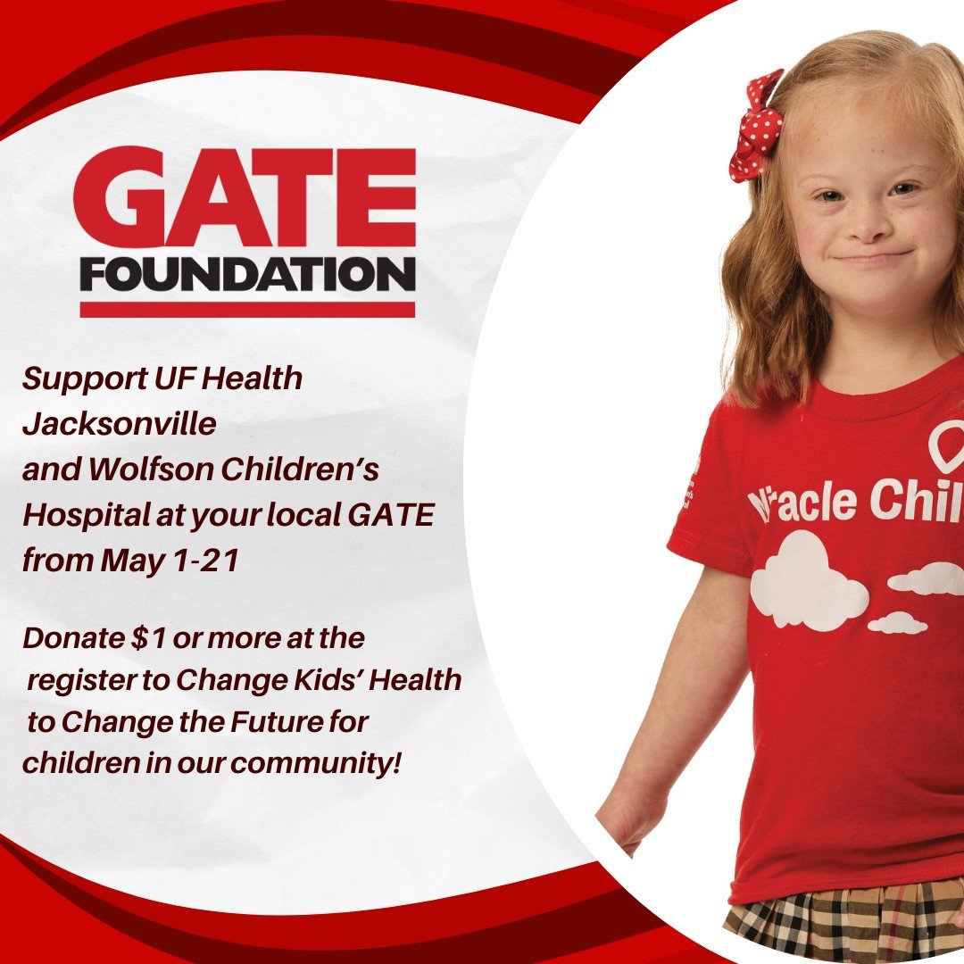 We are thrilled to partner with @gatestores  from May 1 - 21 to support the patients at @ufhealthjax and @wolfsonchildren! Visit your local GATE store until May 21 and donate $1 to support pediatric healthcare. #changekidshealthchangethefutute