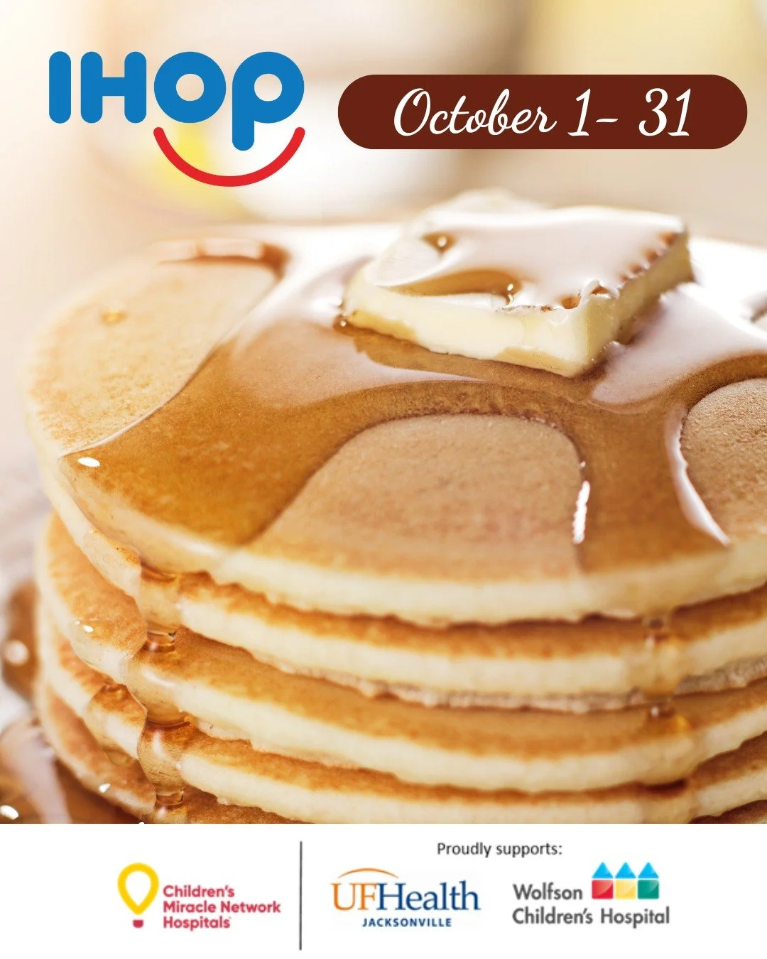 Visit any participating @ihopsrp location this month and support patients at @ufhealthjax and @wolfsonchildren! Help local children and families by making a donation with your meal and help us #changekidshealthtochangethefuture