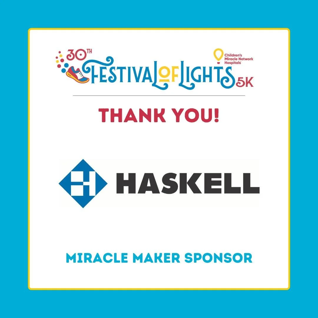 Thank you to @haskellco for sponsoring this year's 30th Annual Festival of Lights 5k! We are appreciate your support and dedication to advancing pediatric healthcare for the patients at @ufhealthjax pediatrics and @wolfsonchildren!
