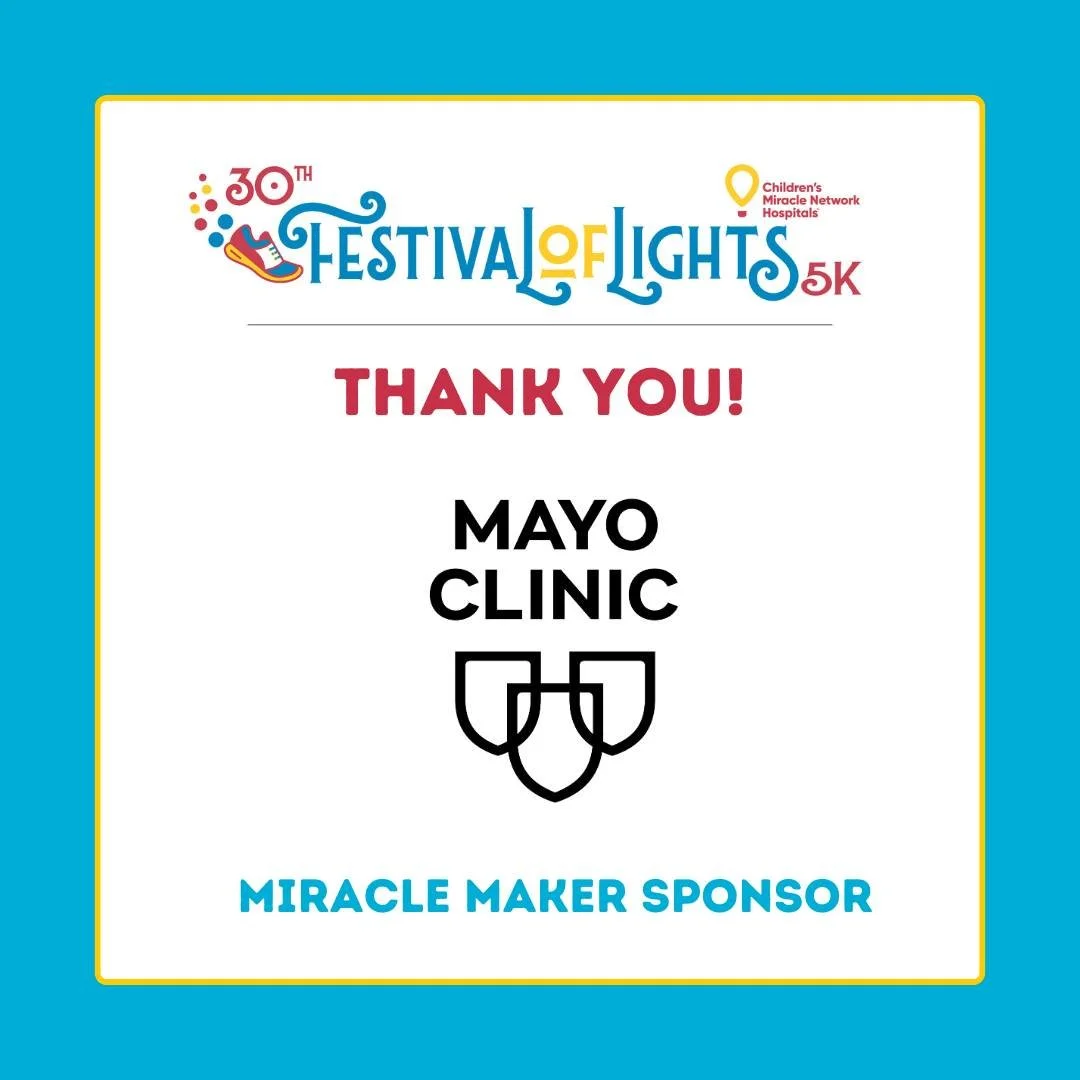 Thank you  @mayoclinic  for sponsoring the 30th Annual Festival of Lights 5k! We appreciate your support can't wait to see everyone on December 6. Join in on the fun and register: https://1stplacesports.com/races/fol